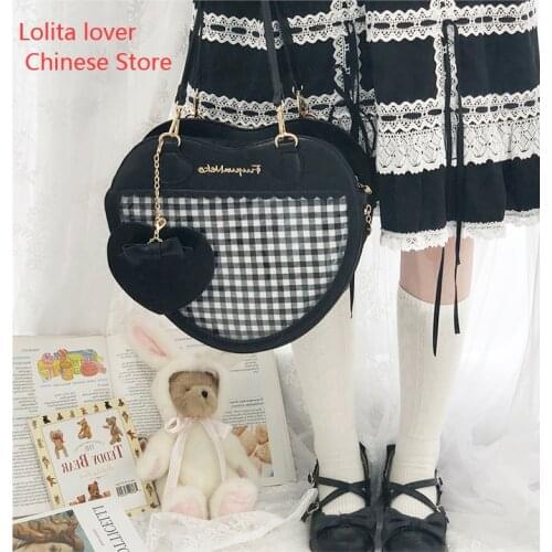 3way Harajuku Japanese Lolita Plaid Heart-shaped Transparent Itabag Shoulder Bag Cosplay Small Fresh Young Girl Backpack Handbag