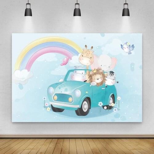 Ligth Blue Rainbow On Sky Animals Car Cartoon Backdrops Photography Custom Newborn Baby Shower Cake Table Decor Photo Backgrouds