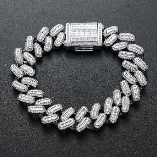 Hip hop Bracelet 15mm White Gold Brass Iced CZ Heavy Baguette Cuban Link Wristband Miami Curb Chain Jewelry for Man and Women