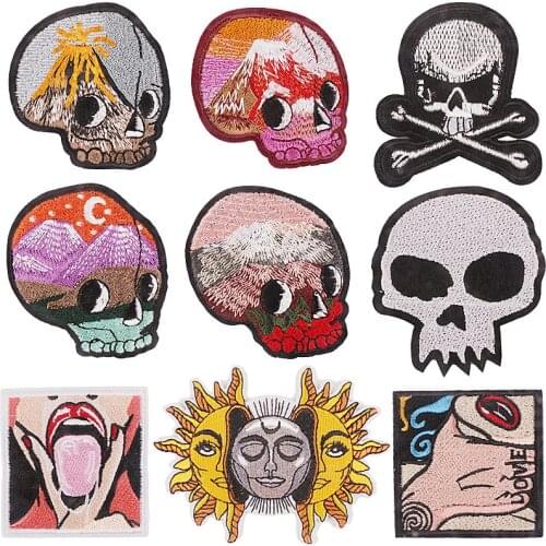 Sun God Embroidery Cloth Sticker Iron on Horror Art Skull Head Creative Embroidered Patches Thermo Adhesive DIY Apparel Applique