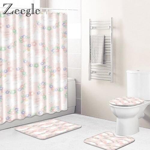 Zeegle 4PCS Bath Mat Set Shower Room Anti-slip Rug Toilet Seat Cover Waterproof Toilet Shower Curtain Bathroom Shower Curtain