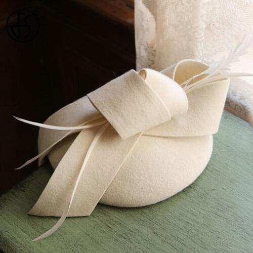 FS Vintage Fascinator Hat Women White Wool Felt Pillbox Hats For Bridal Wedding Party Feather Fedora Stewardess Church Hat