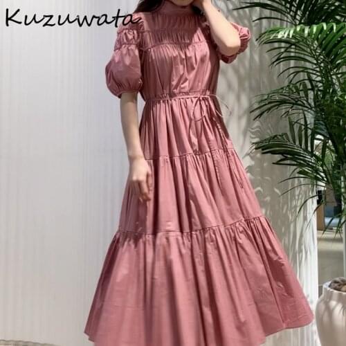 Kuzuwata O Neck Puff Short Sleeve Pullover Dress Women High Waist Hip A Line Slim Vestidos Summer 2021 New Solid Robe Pleat