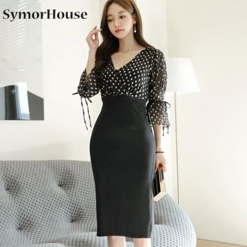 New Spring Formal Dress 2021 Women Vintage Black Dot Print Petal Sleeve Slim Office Work Pencil Dresses Autumn