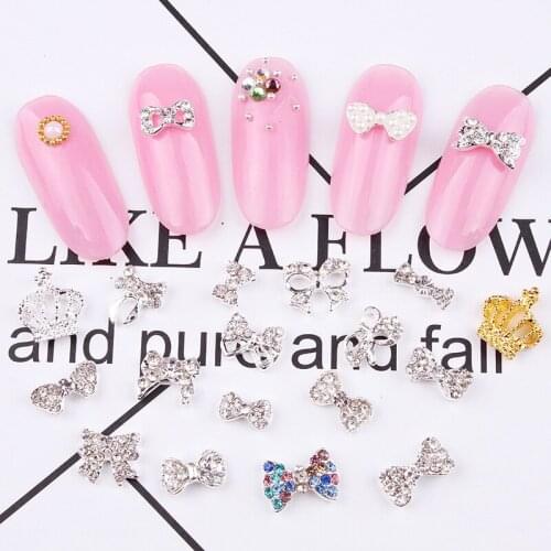 10Pcs Nail Diamond Charms Bowknot Rhinestones Nailart Supplies Shiny Pearl Crystal Jewelry Bow Cute Accessories DIY Mixed Decors