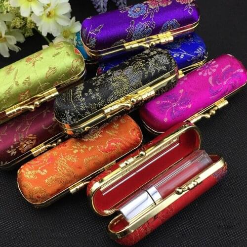 Iron clip Floral Empty Lipstick Container Tube Silk brocade Small Travel Jewelry Case with Mirror Lip Balm Packaging Box 2pcs/lo