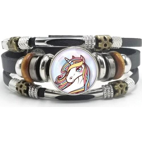 2020 Fashion Cartoon Charm Unicorn Bracelet Glass Cabochon Black Leather Braided Snap Bracelet Men and Women Jewelry Gifts