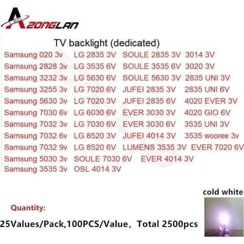 17000PCS/LOT SAMSUNG LG UNI SEOUL 3V6V 2835/3030/2828/3535/5630/7020/7030/4020/7032 UNI Cold white For TV Backlight Beads 30*100