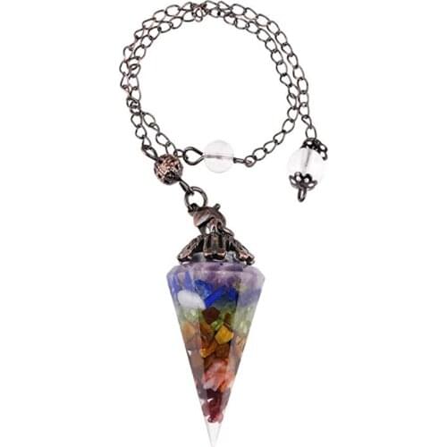 Antique Copper Hexagon Pyramid Rainbow Stone and Resin Pendant Link Chain Lapis Lazuli Vintage Style Jewelry