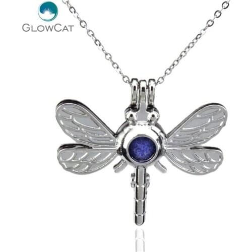 K13 Women Silver Cage Dragonfly Diffuser Locket Necklace Aromatherapy Steel 16" Aroma Essential Oil Diffuser Locket
