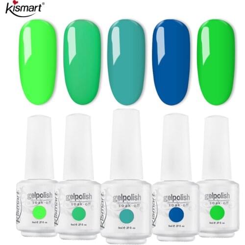 Kismart New Arrival Gel Nail Polish Soak Off Nail Art Varnish Lacquer 8ml LED Summer Green Glitter Gel Nail All For Manicure