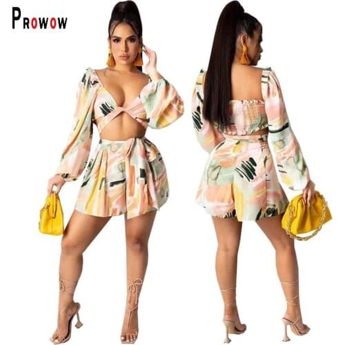 Prowow Fashion Elegant Print Women Clothing Set V-neck Long Sleeve Shirts Shorts Two Piece Matching Suits for Lady Summer Outfit