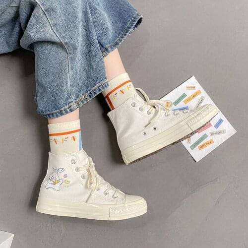 New Rabbit Cute High Top Canvas Shoe Female White Lolita Shoes Students Student White Pink Casual Running Sports Board Sneaker