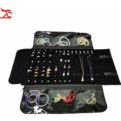 Black Velvet 57*28.5cm Jewelry Organizer Roll Travel Zipper Bag Case for Necklace Ring Earrings Storage Multiple Travel Pouch