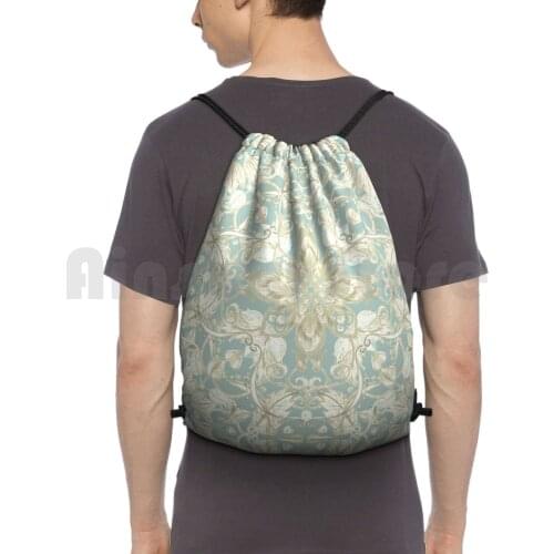 Soft Sage & Cream Hand Drawn Floral Pattern Backpack Drawstring Bag Riding Climbing Gym Bag Sage Green Pastel Cream Floral