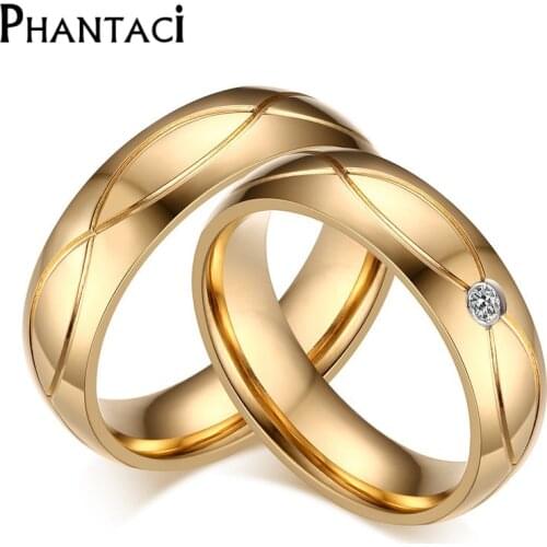 No Fade 6MM Stainless Steel Wedding Ring For Lovers IP Gold Color Zircon Couple Rings Set Men Women Engagement Wedding Ring