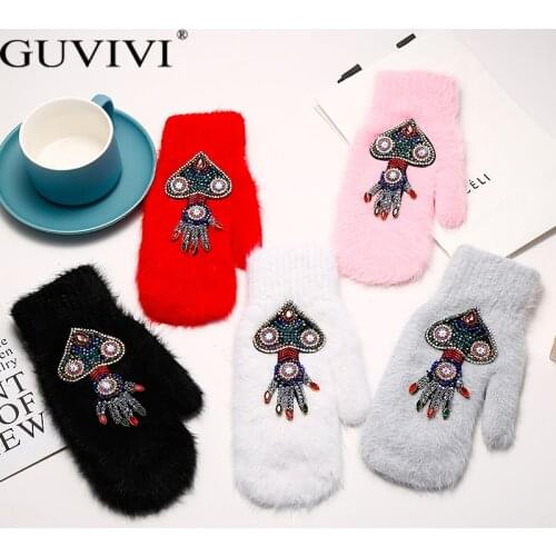 Femme Women Winter Gloves Colorful Diamond Cross Stitch Girls Rabbit Fur Gloves Warm Soft WomenS Mitten Guantes Mujer