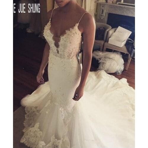E JUE SHUNG Luxury Summer Wedding Dresses Spaghetti Straps Lace Up Back African Mermaid Wedding Gowns With Pearls robe de mariee