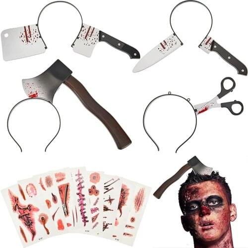 Halloween Decoration Scary Bloody Weapon Headbands Knife Horrible Headwear With Fake Wound Makeup Stickers For Halloween Party