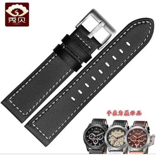 High quality Genuine Leather Watchband 22mm 24mm Black/Tan Stitched Calfskin Strap With Pin Clasp For Jeep/Eco-Drive Watches Men