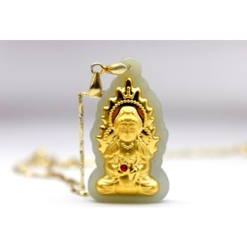 Fine Jewelry 24k Gold Guanyin Hetian Jade Necklace Fashion Charm Buddhism Kuan Yin Pendant Men And Women Gifts With Box Bag