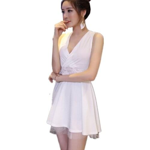 ZB2612 new sexy nightclub summer 2020 women features deep v-neck low-cut sleeveless lace backless trim dress cheap wholesale