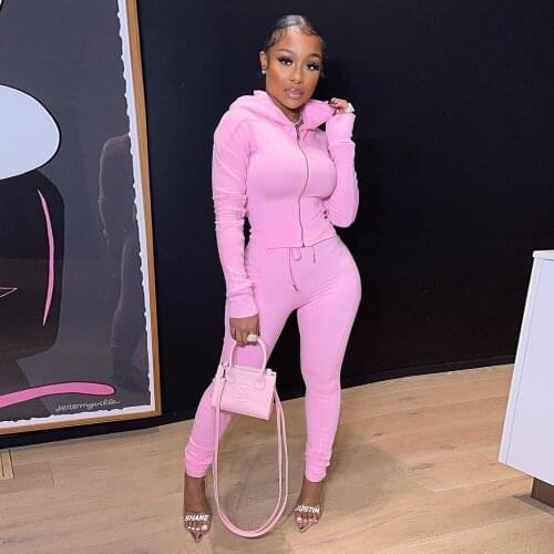 Active Wear Simplicity Two Piece Set Women Autumn High Street Matching Outfit Zipper Hooded Slim Jacket+bodycon Trouser Casual