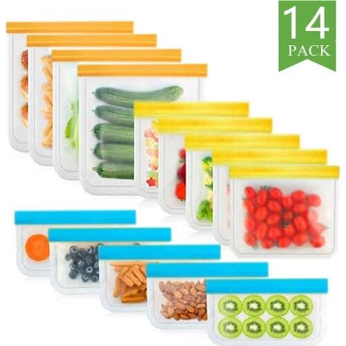 14 Pieces/Set Of Reusable Food Storage Bags PEVA Silicone Food Preservation Bags Freezer Bags Zipper Leak-Proof Top Fruit Bags