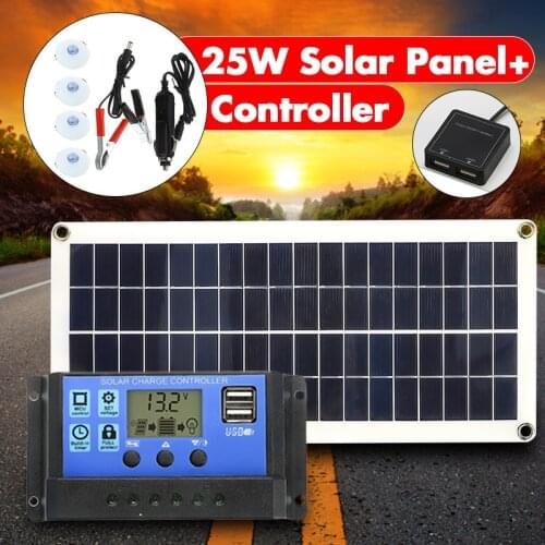 25W Dual USB 12V Solar Panel with Car Charger Output 10/20/30/40/50A USB Solar Charger Controller for Outdoor Camping LED Light