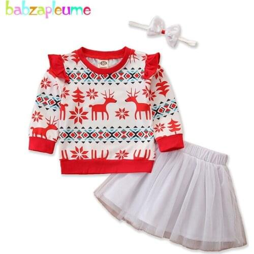 3Piece Fall Toddler Christmas Outfit Baby Girls Clothing Set Cartoon Print Long Sleeve T-shirt+Lace Skirt Children Clothes 1972