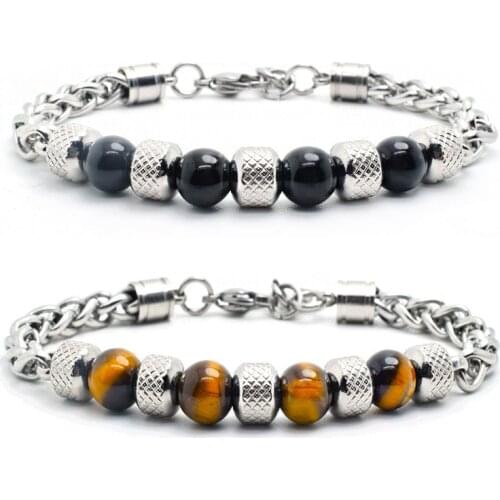 Tiger eye bead bracelet men black natural stone chain on hand stainless steel charm bracelet for men Steampunk hip hop wholesale