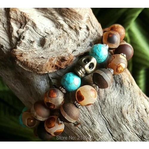 Dzi Agates Beads and Turquoises Howlite Pyrite Skull Bracelet Set SE21536