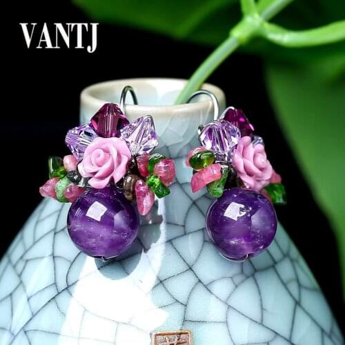 Elegant Real Natural Amethyst Earring Sterling 925 Silver Tourmaline for Women Anniversary Wedding Party Fine Jewelry Gift