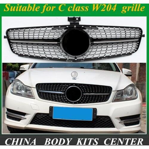 Gloss Silver/ Black Car Racing Grille For Mercedes W204 Grill 2008-2014 C300 C180 AMG Emblems Mesh Radiator Front Bumper Modify