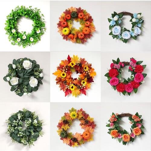 Artificial Rose Wreath Door Ornament Autumn Leaves Pumpkin Garland For Farmhouse Decoration Home Decor