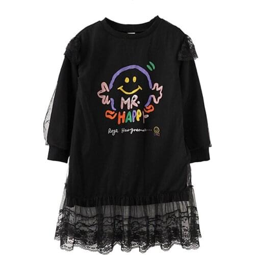 Girls Long Sleeve O-neck Solid Color Letters Print Lace Patchwork Casual Fashion Korean Style Spring Autumn Dresses