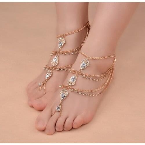 Fashion Sexy Multilayer Claw Chain Foot Chains Crystal Beach Water Drop Pendant Sandals Rhinestone Anklet Statement Jewelry