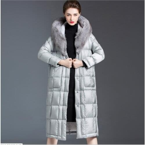 2020 winter new high-end white duck down hooded down jacket Rabbit fur collar hooded down jacket womens mid-length thick coat