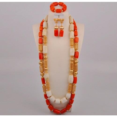 Orange and White Nigerian Coral Beads Jewelry Set for Men Women Costume Necklace African Wedding Jewelry Coral Set
