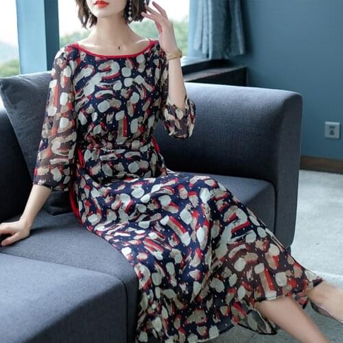 Summer Fashion Womens 3/4 Sleeve High Waisted Loose Printed Long Dress , 2019 New Woman Female 3xl Sash chiffon Pattern Dresses