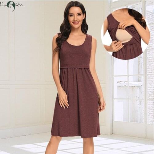 Womens Pregnancy Sleeveless Nursing Pleat Dress Maternity Dress Breastfeeding Clothes Knee Length Pregnancy Dresses
