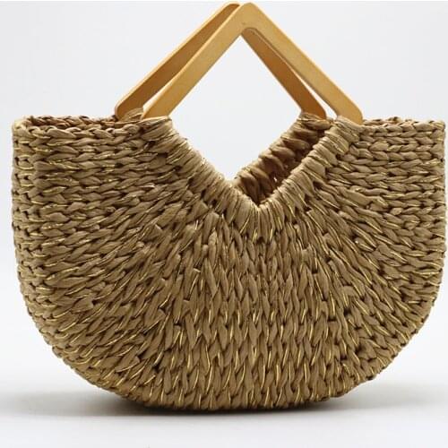 Portable moon bag wooden handle straw bag