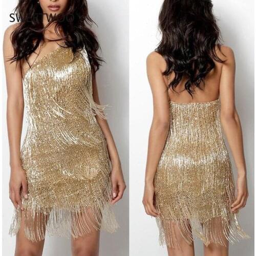 Sexy Gold Dress Women Elegant Tassel One Shoulder Sleeveless Bodycon Mini Dress Clubwear Glitter Party Dresses Vestidos