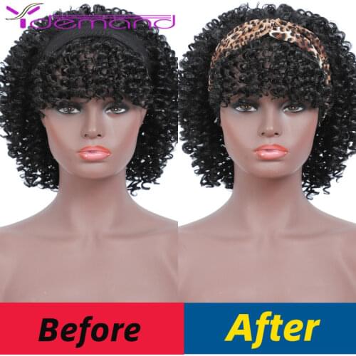 Y Demand Short Kinky Curly Wigs With Bangs For Black Women Synthetic Hair Like Human Short Wig Black Machine Made Cheap Wig