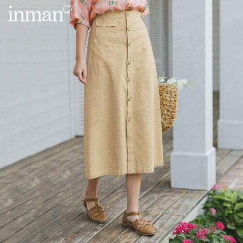 INMAN Summer Cotton and Linen Bottom Wear Women Vintage Kawaii Korean Fashion Style Lady Minimal Style A-line Retro Midi Skirt