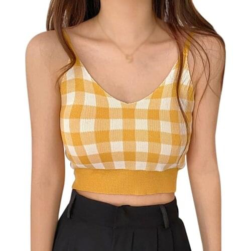 Womens Plaid V Neck Tank Top Korean Style Slim Sexy Exposed Navel Knitted Camisole Streetwear