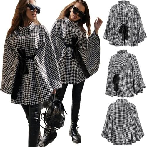 Womens Houndstooth Cape Coats, Chic Turtleneck Tie Up Asymmetric Shawl Poncho Pullovers Outfits 2020 New Autumn Winter Coats