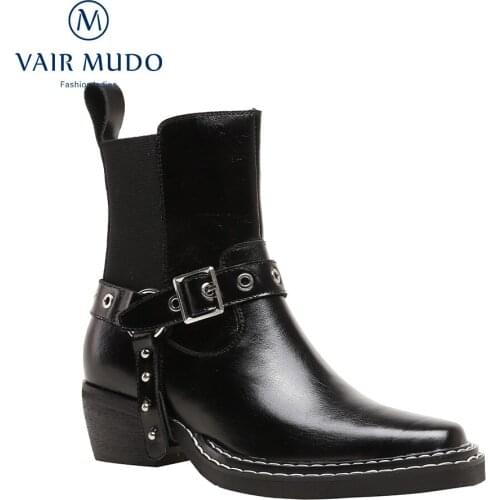 VAIR MUDO Women Ankle Chelsea Boots Shoes Low Heels Genuine Leather Square Toe Concise Shoes Women Fashion Boots Cool WM-X193-C