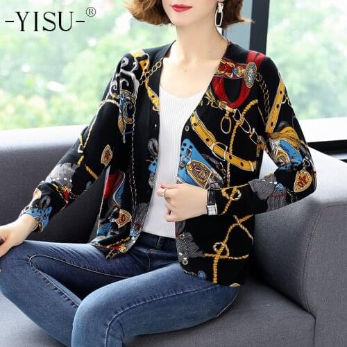 YISU Antumn Winter Cardigan Women Long Sleeve V Neck Loose Knitted Sweater Coat fashion chain pattern print cardigan Coat
