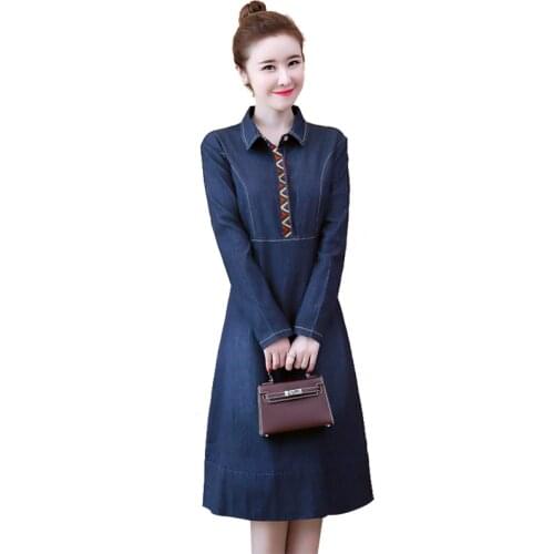 Plus Size 4XL Womens Jeans Denim Dress Spring And Autumn Fashion Long Sleeve Shirt Collar A-line Cowboy Dresses Vestidos W1801